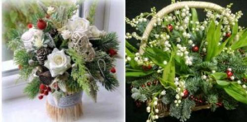 Как украсить еловые ветки в вазе. Новогодний букет с добавлением живых цветов